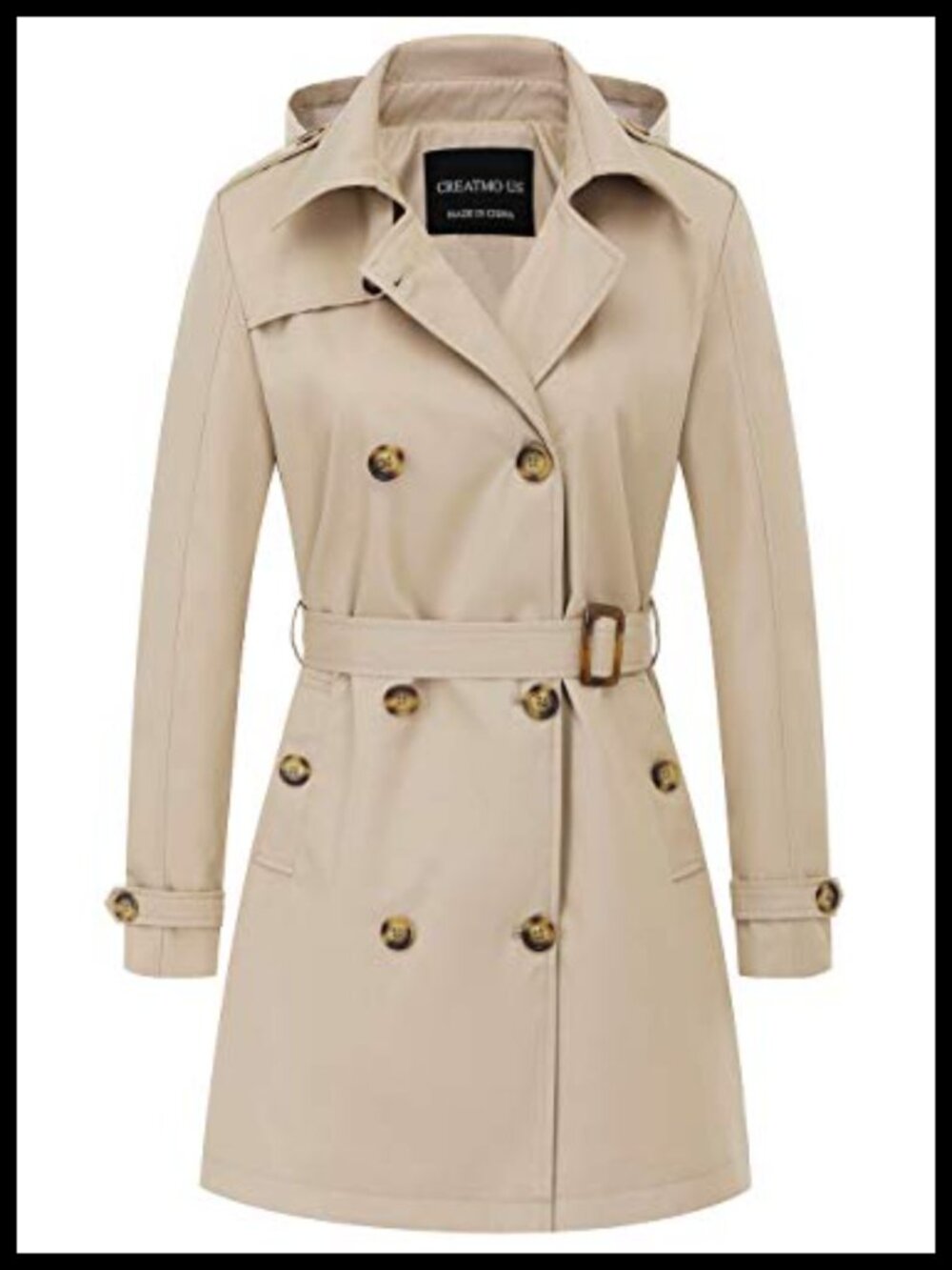 Womens Trench Coat Double Breasted Belted Slim Overcoat Detachable Hood